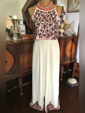 Vintage Boho Hippie Gypsie Chiffon Floral Beaded Sequin Pants/Tank Blouse Set